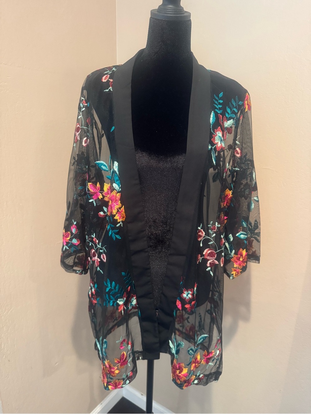 Black Sheer Kimono Overlay with Vibrant Embroidered Floral Design